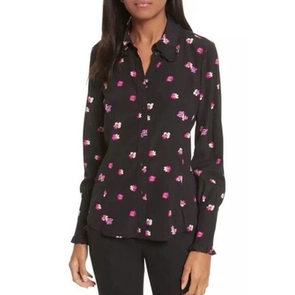 Rebecca Taylor Blouse Black Pink 6 Floriana Long Sleeve Silk Feminine Floral Top - Picture 2 of 15
